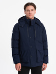 Men's winter jacket with detachable hood and cargo pockets - navy blue V1 OM-JAHP-0152