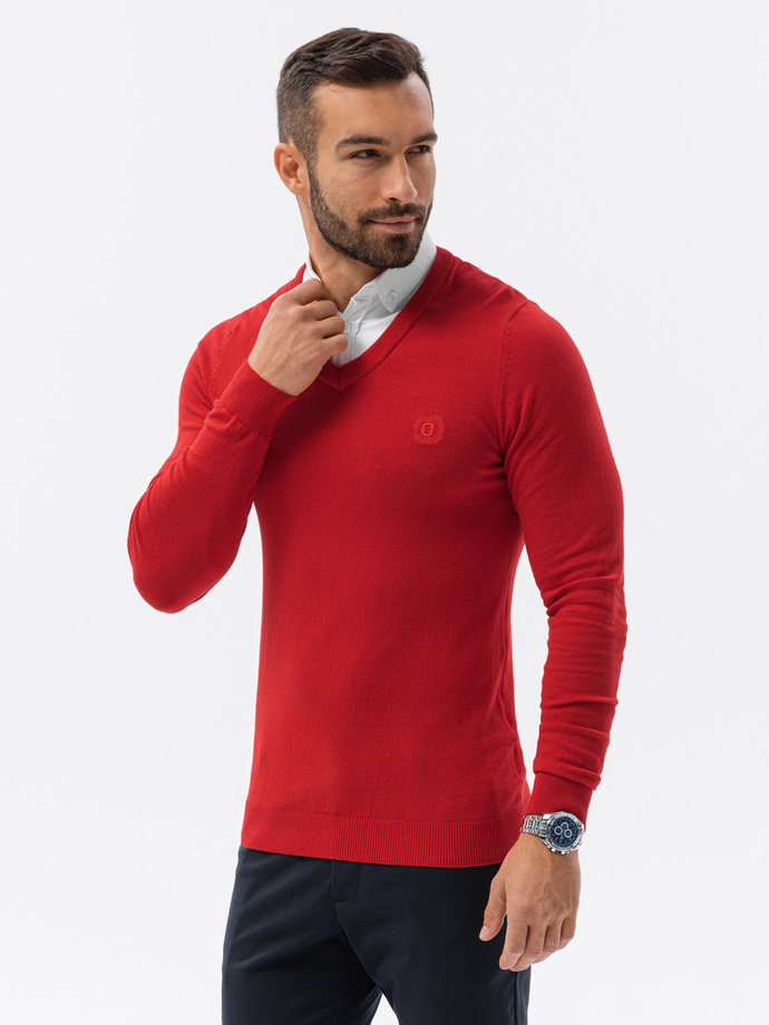 Sweter męski z białym kołnierzykiem - czerwony V4 E120