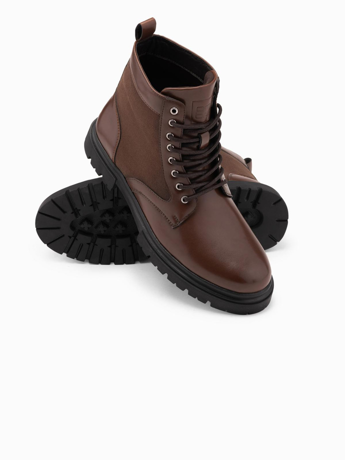 Men's trapper boots with high upper made of combined materials - dark brown V2 OM-FOBO-0174