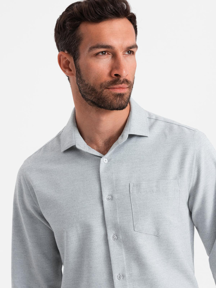 Koszula męska z kieszenią REGULAR FIT - jasnoszary melanż V2 OM-SHCS-0148