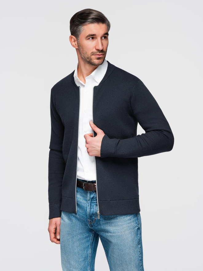 Men's smooth zip sweater - navy blue V1 OM-SWZS-0146