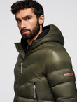 Men's quilted winter jacket with combined materials - dark olive green V3 OM-JAHP-0145