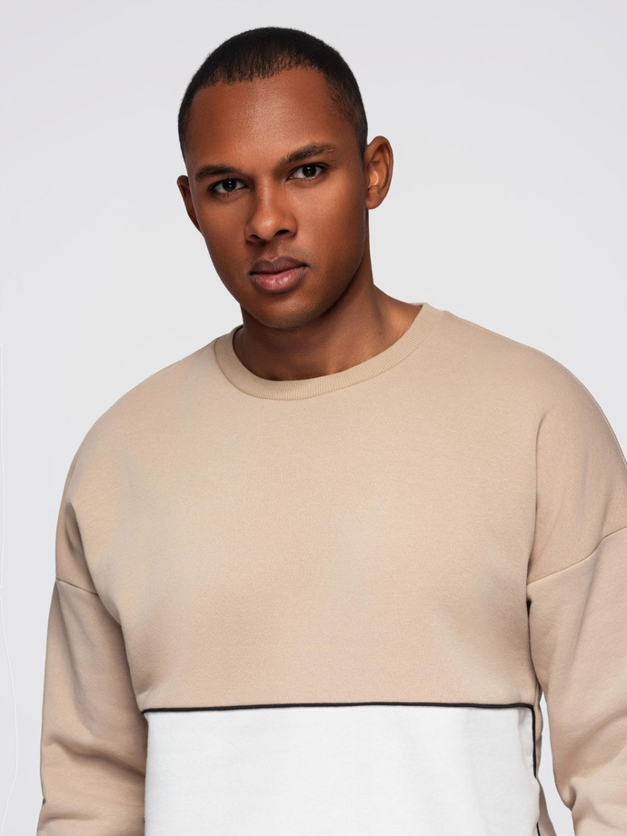 Bluza męska OVERSIZE z kontrastowym łączeniem kolorów - beżowa V2 OM-SSNZ-0130