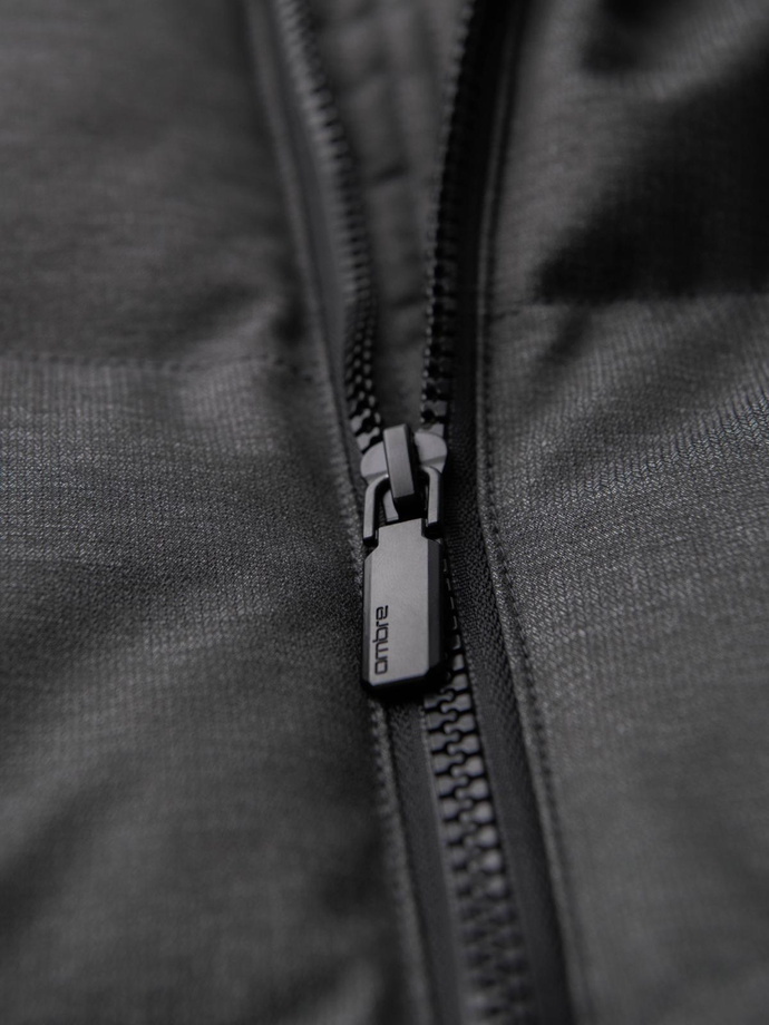 Długa męska pikowana kurtka z kapturem i wysoką stójką – szara V2 OM-JALJ-0264