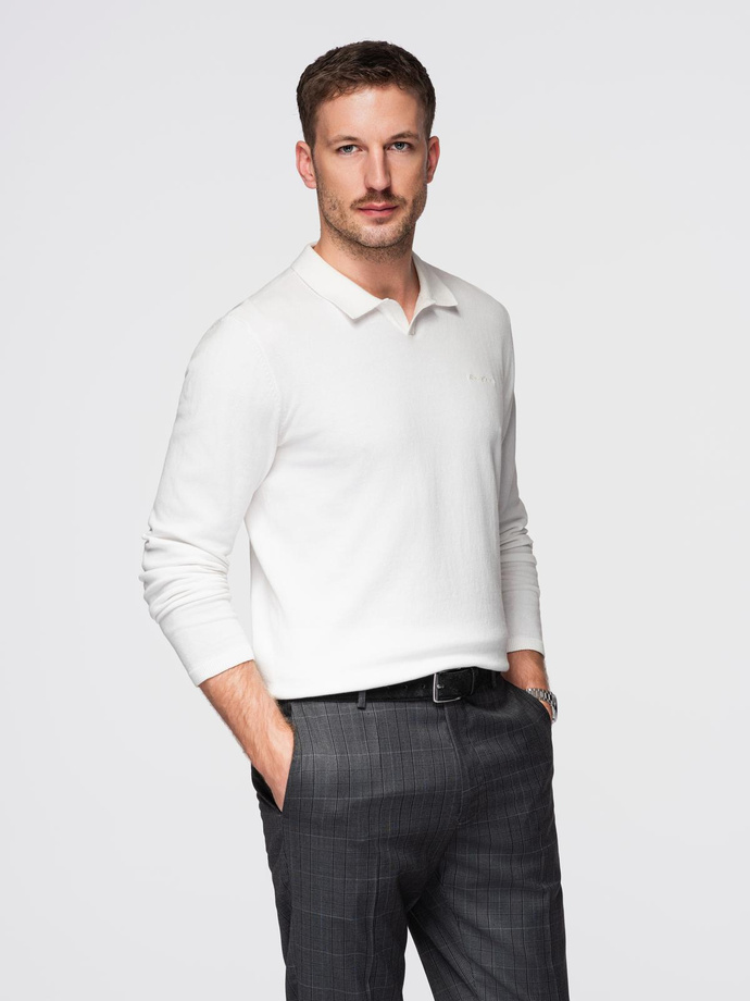 Sweter męski polo z haftem na piersi – biały V2 OM-POLS-0140