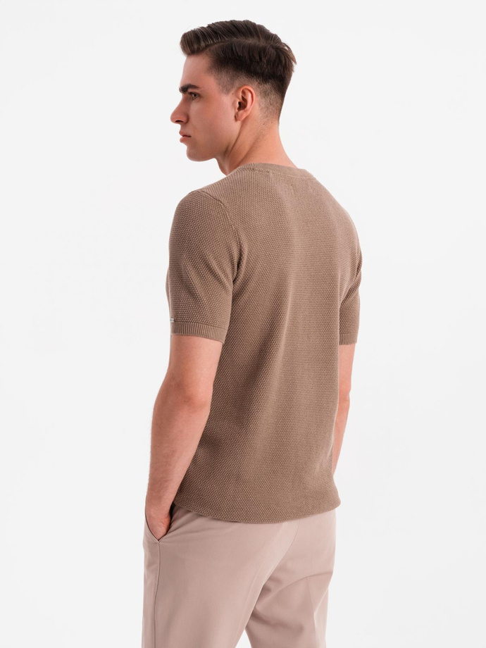Men's fine-textured knit shirt - light brown V2 OM-TSCT-0244