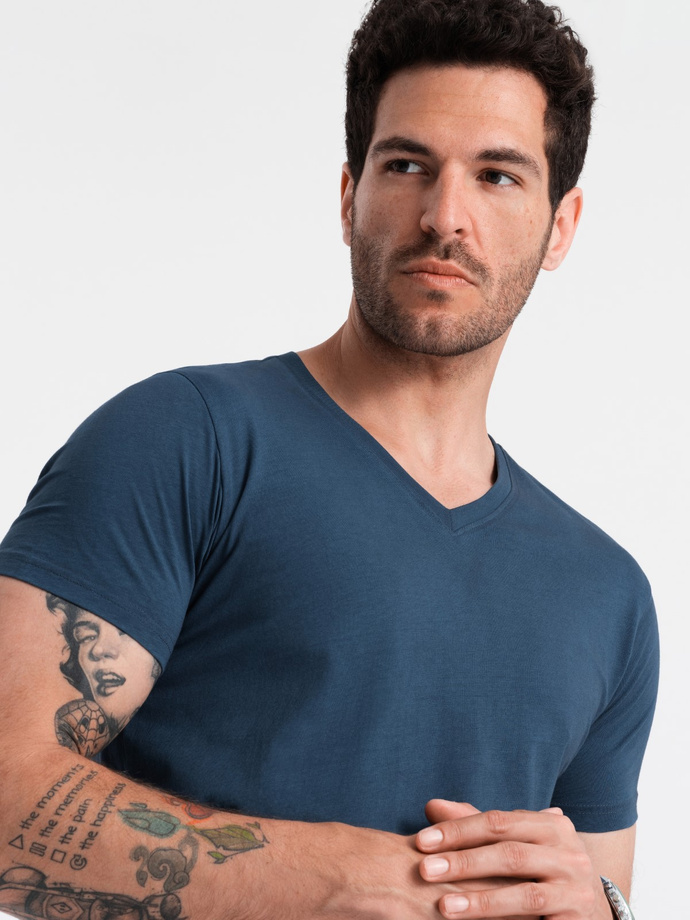 BASIC men's classic cotton T-shirt with a serape neckline - dark blue V13 OM-TSBS-0145