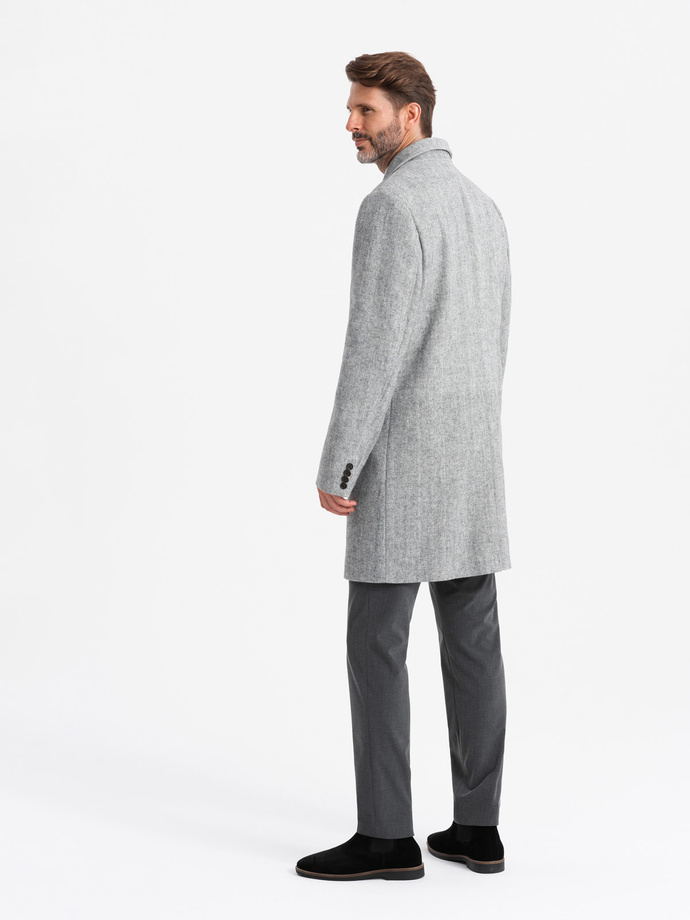 Elegancki dwurzędowy męski płaszcz w jodełkę – szary V1 OM-COWC-0118