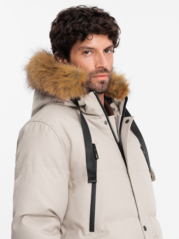 Men's long warm parka jacket with hood - beige V5 OM-JALJ-0182