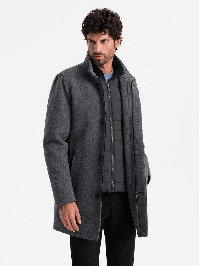 Men's winter coat with wool and quilted lining - graphite melange V1 OM-COWC-0116