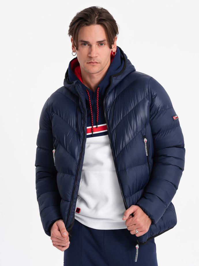 Men's winter quilted jacket of combined materials - navy blue V2 OM-JAHP-0145