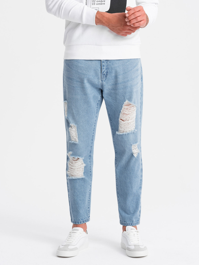 Męskie spodnie jeansowe TAPERED FIT z dziurami – jasnoniebieskie V1 OM-PADP-0175