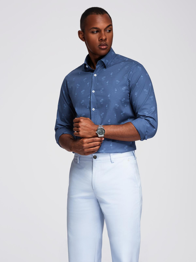 Classic men's cotton SLIM FIT shirt in palm trees - dark blue V5 OM-SHCS-0156