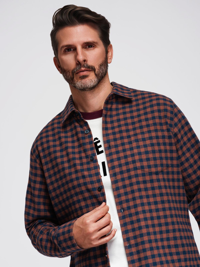 Koszula męska flanelowa w kratę - granatowo-ceglasta V6 OM-SHCS-0150