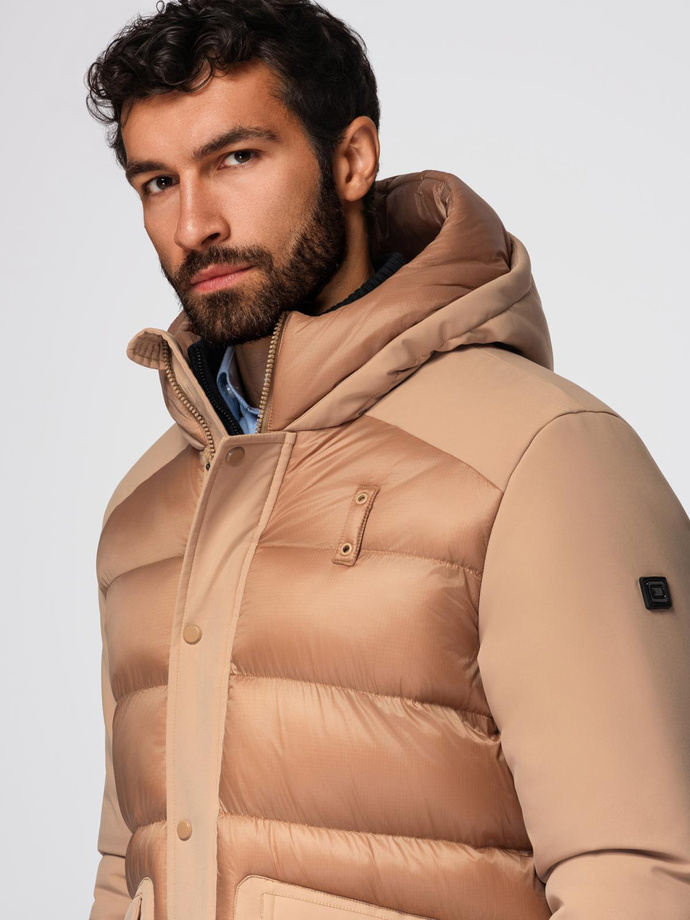 Men's long quilted jacket with large pockets - beige V2 OM-JALJ-0308