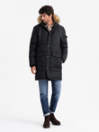 Men's long warm parka jacket with hood - black V2 OM-JALJ-0182