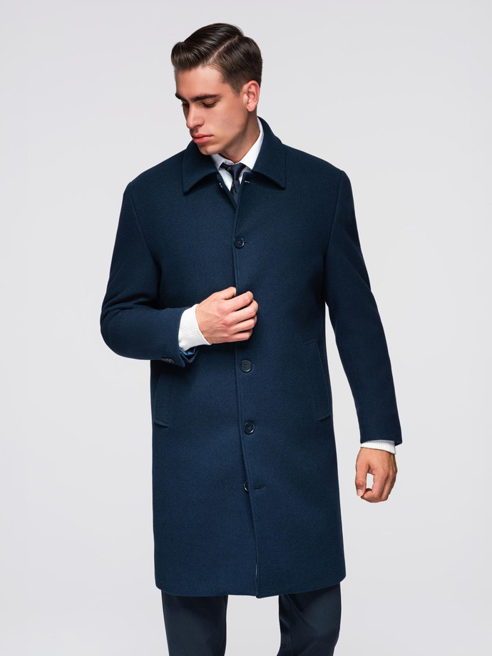 Long men's single-breasted coat with collar and undercoat - navy blue V3 OM-COWC-0135