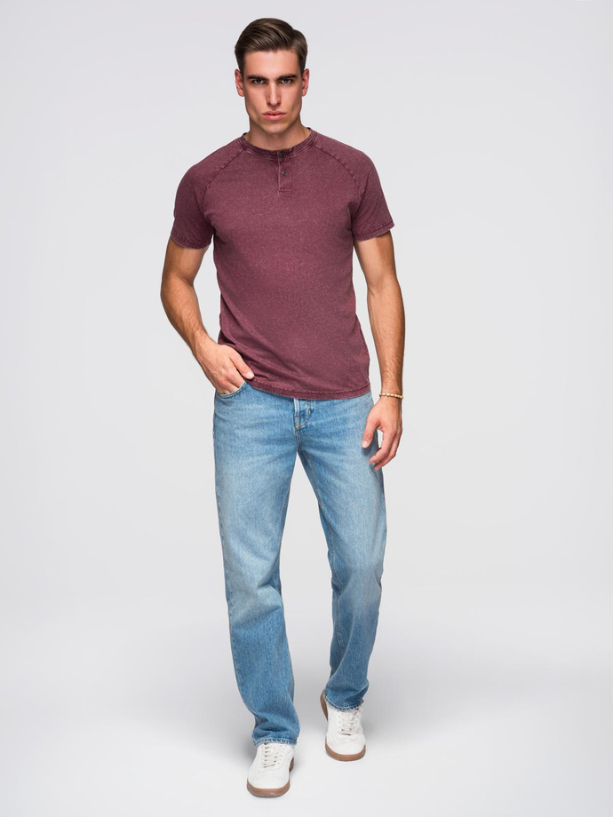 Men's T-shirt with wash effect and buttons at neckline - burgundy V3 OM-TSWT-0150