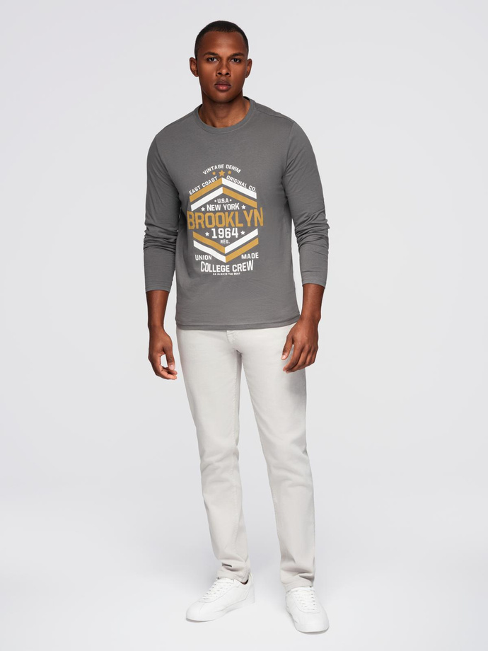 Longsleeve męski z nadrukiem w stylu collegowym - szary V1 OM-LSPT-0117