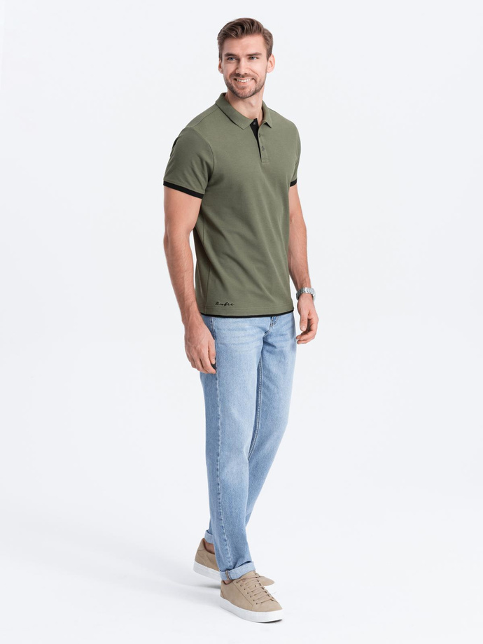 Men's cotton polo shirt with contrast trim - olive V6 OM-POSS-0113