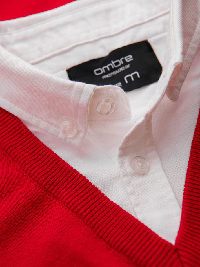 Sweter męski z dekoltem "w serek" z koszulowym kołnierzykiem - czerwony V4 OM-SWSW-0102