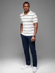 Men's horizontal striped viscose polo shirt - white and navy V2 OM-POSS-0145