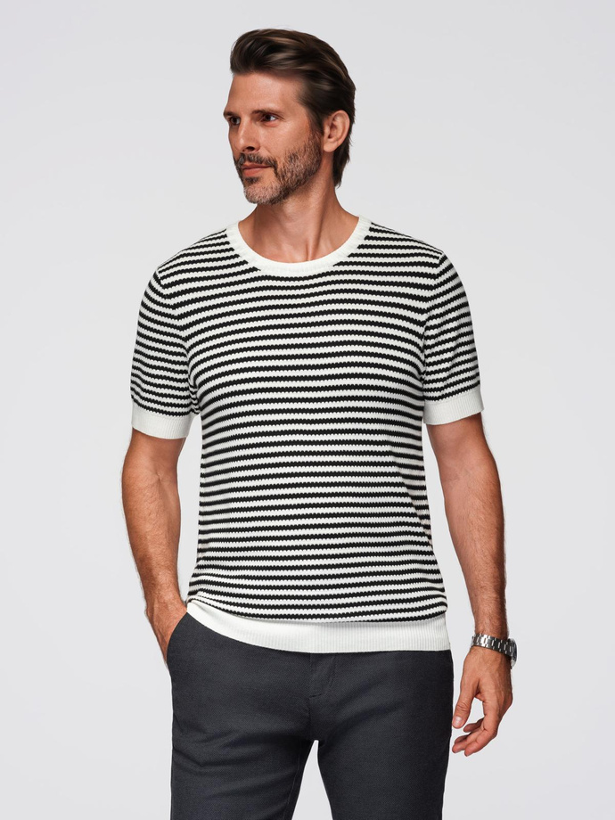 Men's knitted t-shirt with navy stripes and openwork weave - black and white V1 OM-TSCT-0255