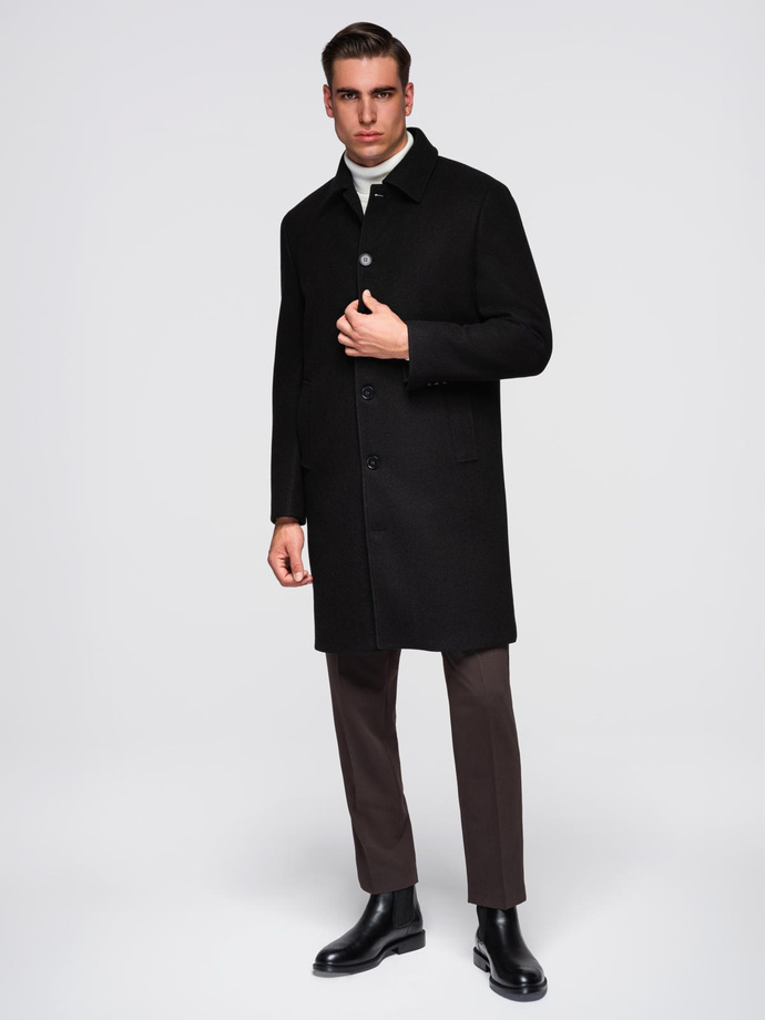 Men's long single-breasted coat with collar and undercoat - black V1 OM-COWC-0135
