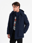 Men's winter jacket with detachable hood made of waterproof material - navy blue V1 OM-JAHP-0306