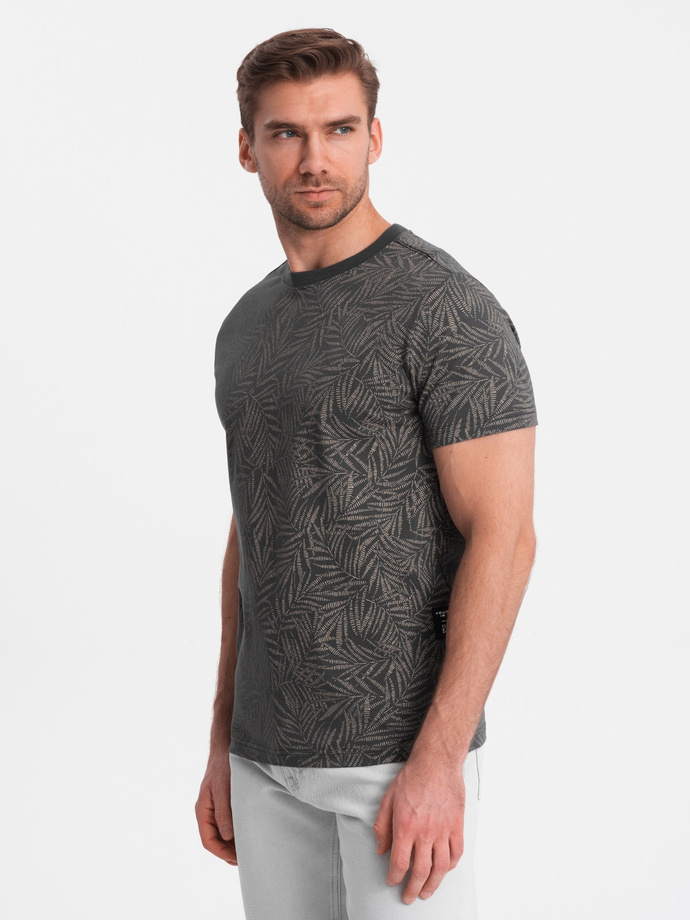 T-shirt męski fullprint w liście palmy - grafitowy V4 OM-TSFP-0182