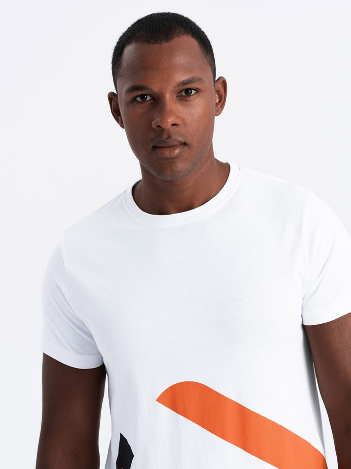Bawełniany t-shirt męski z kontrastowym dwukolorowym printem – biały V2 OM-TSPT-0219 