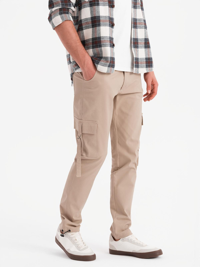 Men's STRAIGHT LEG cargo pants with striped pockets - sand V2 OM-PACG-0197