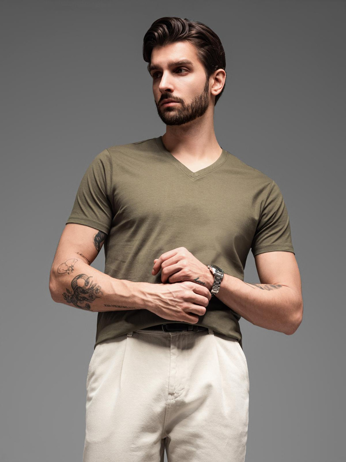 BASIC men's classic cotton T-shirt with a crew neckline - dark olive V6 OM-TSBS-0145