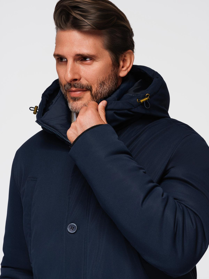 Elegant men's parka with cargo pockets and hood - navy blue V2 OM-JAPJ-0287