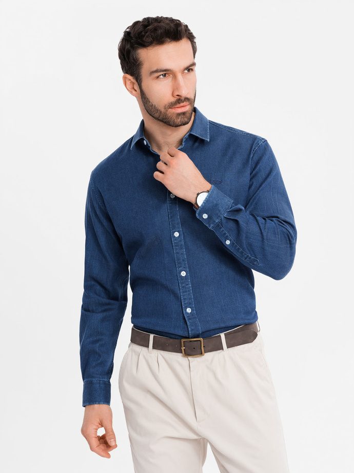 Men's denim shirt with lyocell and embroidery on chest - dark blue V1 OM-SHDS-0180