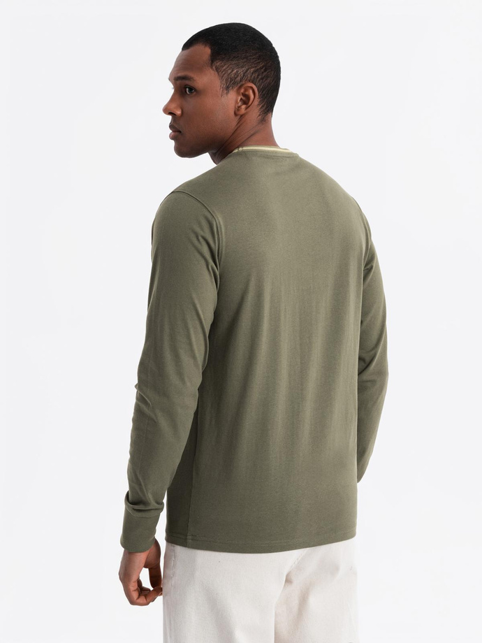 Men's cotton longsleeve with U neckline with stripes and embroidery - olive V1 OM-LSCL-0128