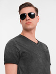 Men's cotton knit V-neck t-shirt with wash effect - black V6 OM-TSWT-0242
