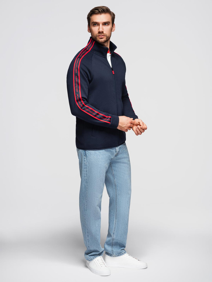 Washed men's sweatshirt with decorative stitching at the neckline - navy blue V4 OM-SSDS-0131