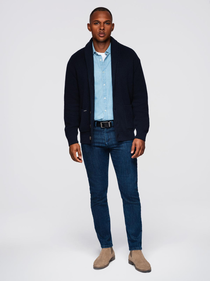 Sweter bawełniany męski kardigan z szalowym kołnierzem - granatowy V1 OM-SWCD-0153