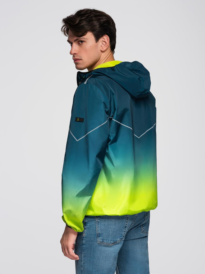 Men's ombre sports jacket with reflectors and fleece lining - turquoise and lime green V1 C641