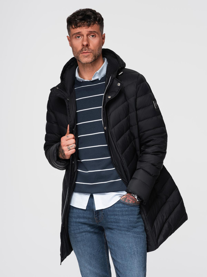 Men's quilted jacket with combined materials and hood - navy blue V3 OM-JALJ-0266