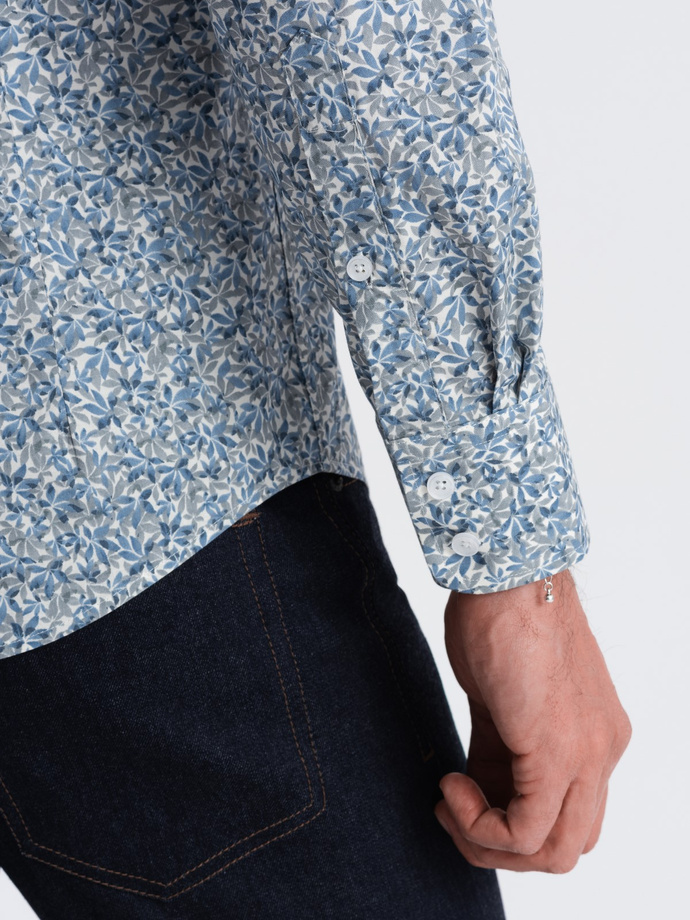 Men's SLIM FIT shirt in small leaf print - light blue V1 OM-SHPS-0163