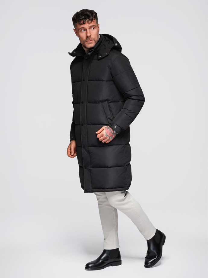 Men's long quilted winter jacket with hood - black V1 OM-JALJ-0309