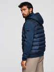 Quilted bomber jacket with hood and knitted sleeves - navy blue V2 OM-JALP-0298