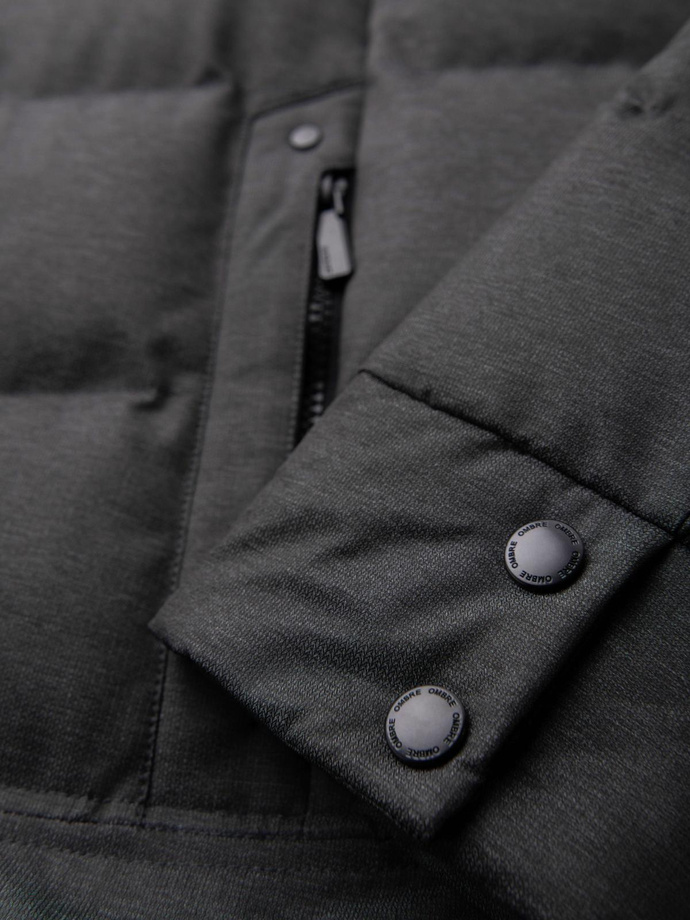 Długa męska pikowana kurtka z kapturem i wysoką stójką – szara V2 OM-JALJ-0264