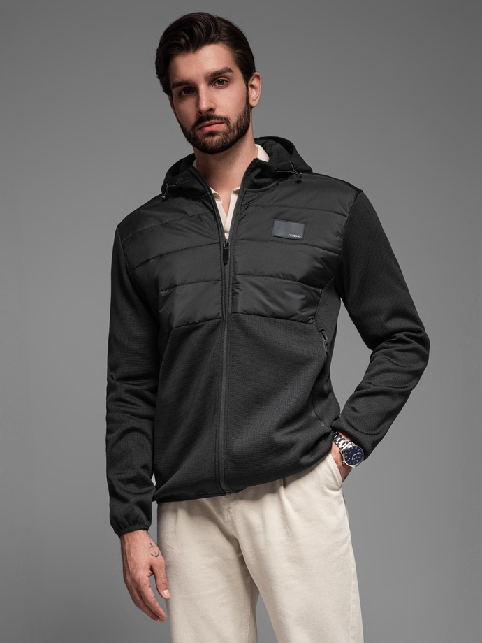 Men's lightweight jacket of combined materials with hood and decorative quilting - black V5 OM-JANP-0160 