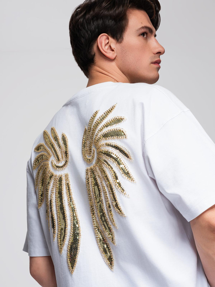 Men's cotton T-shirt with sequin wing motif on back - white V2 OM-TSCT-0289