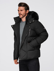 Men's quilted jacket with cut of ramoneski with hood - black V1 OM-JAHP-0252