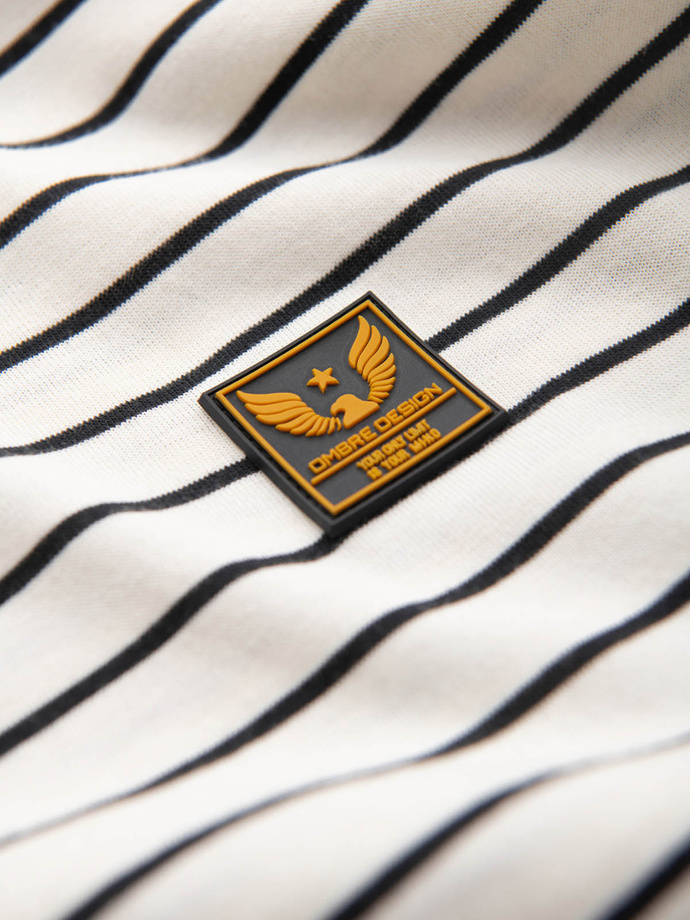 Men's striped t-shirt with patch by Ombre Design - cream and black V1 OM-TSCT-0183