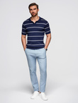Men's horizontal striped polo shirt with viscose - navy blue and white V1 OM-POSS-0145